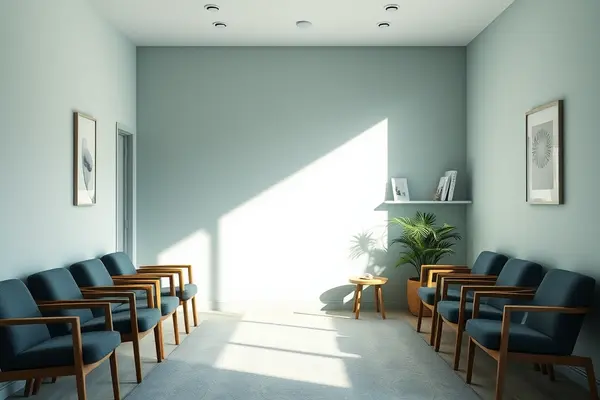 Sala de espera acolhedora da clínica, sem pessoas