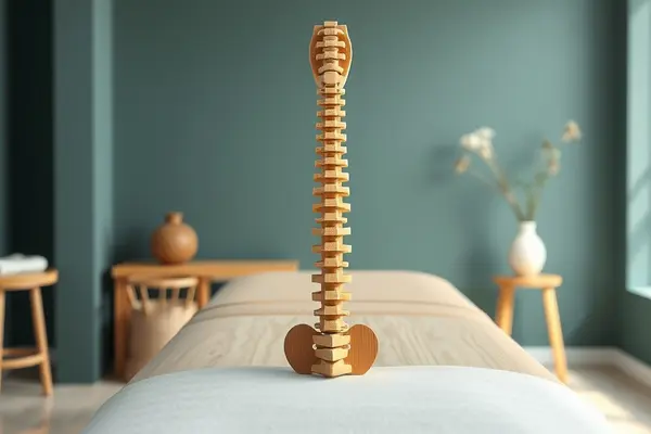 Modelo anatômico de coluna vertebral em madeira sobre maca de atendimento