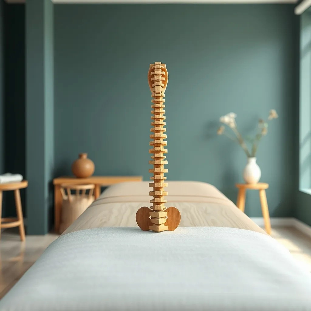 Modelo anatômico de coluna vertebral em madeira sobre maca de atendimento